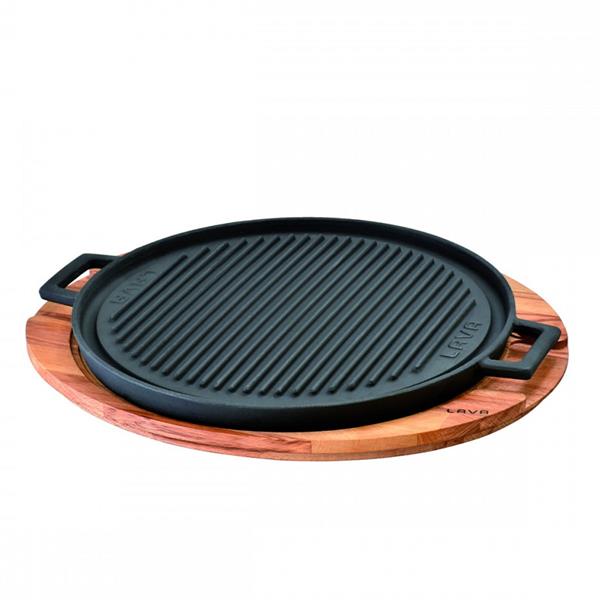 Round Griddle/Grill Plate. Dual side, reversible. Integral Metal handles and wooden service platter. Diameter (Ø) 34cm.