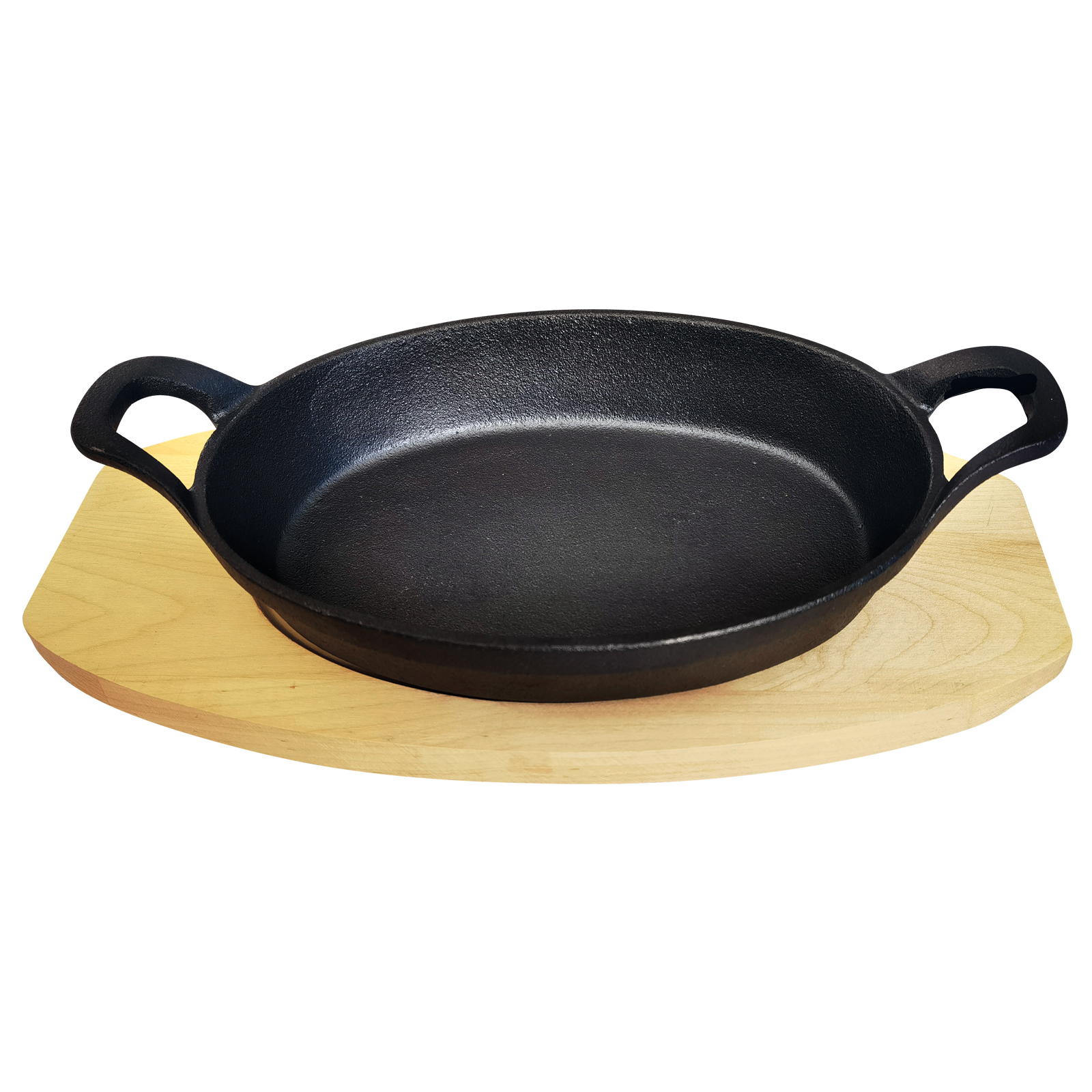 Сковорода порц. овальная 16*11 см. h=2,5 см. 0,35 л. чугун. с 2 ручками на дерев. подставке /1/